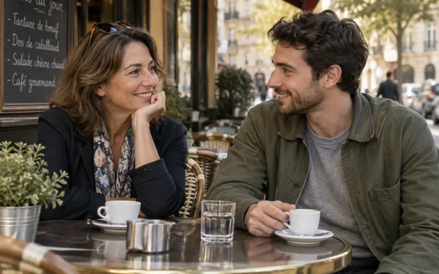 Une femme mûre et un homme plus jeune discutent à la terrasse d’un café