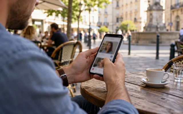 Homme consultant des profils sur son téléphone à une terrasse de café