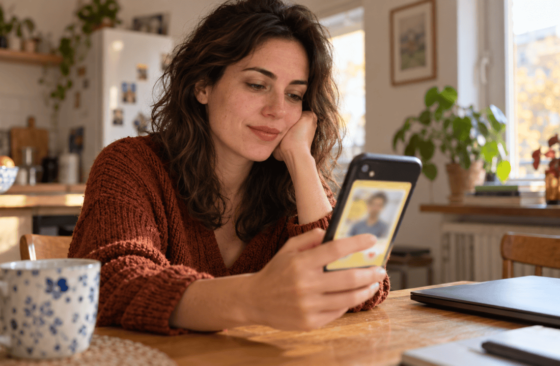 Une femme adulte consulte un téléphone à interface jaune floutée dans son appartement