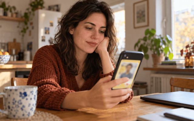 Une femme adulte consulte un téléphone à interface jaune floutée dans son appartement