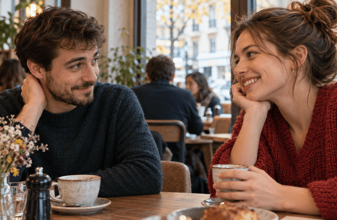 Deux adultes échangent avec un sourire un peu timide lors d’un café