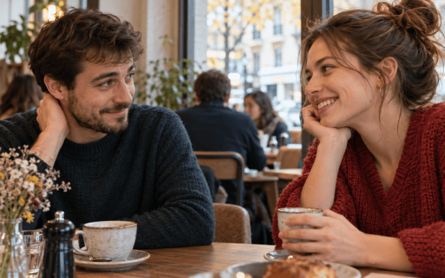 Deux adultes échangent avec un sourire un peu timide lors d’un café