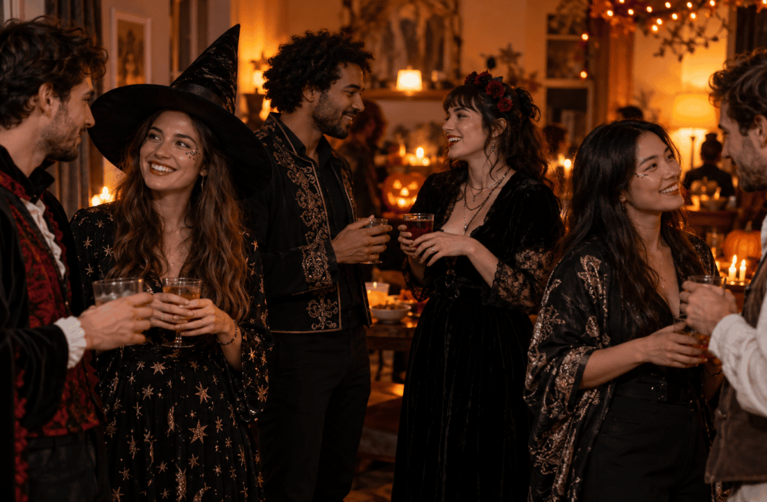 Six amis adultes en costumes sobres discutent dans une soirée d’Halloween fictive