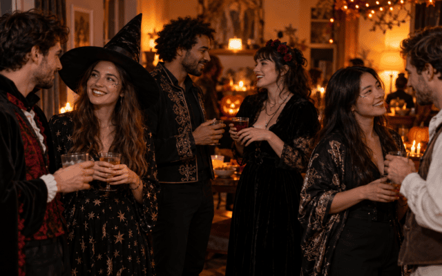 Six amis adultes en costumes sobres discutent dans une soirée d’Halloween fictive