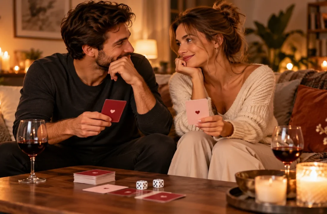 Jeux érotiques en couple avec cartes et accessoires pour partager un moment complice