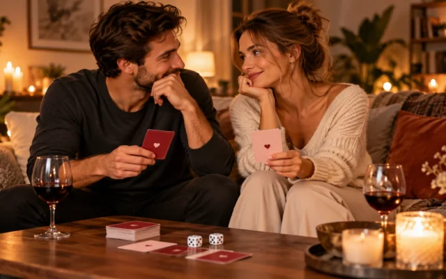 Jeux érotiques en couple avec cartes et accessoires pour partager un moment complice