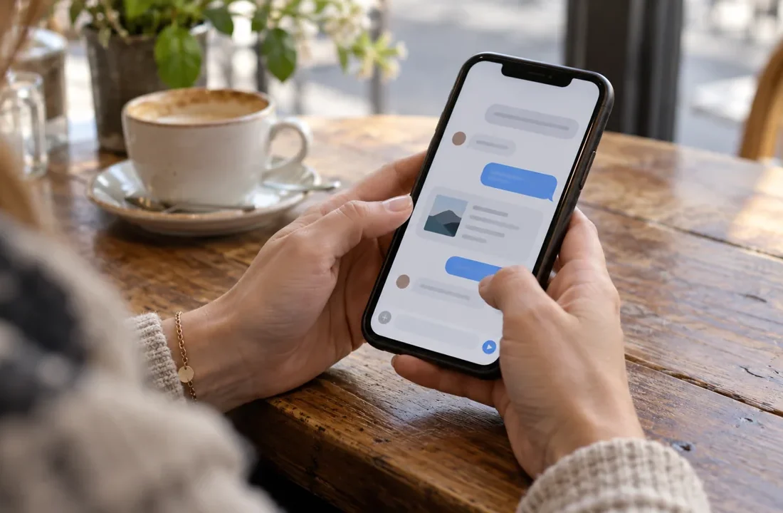 Une personne consulte une conversation sur son téléphone à une table de café