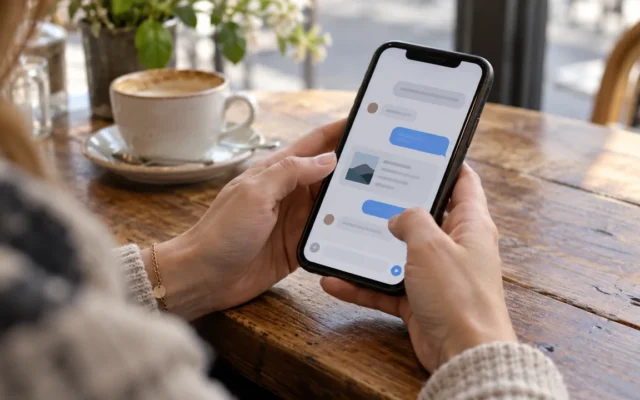 Une personne consulte une conversation sur son téléphone à une table de café