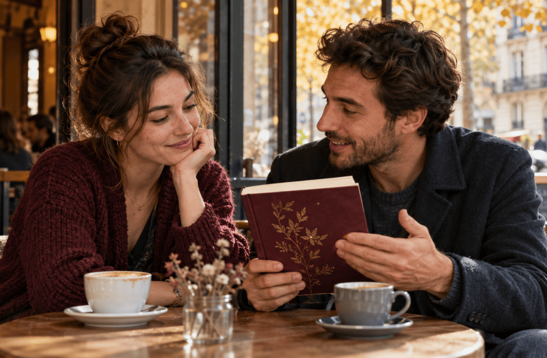 Deux adultes discutent d’un roman dans un café lumineux en automne