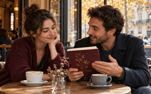 Deux adultes discutent d’un roman dans un café lumineux en automne