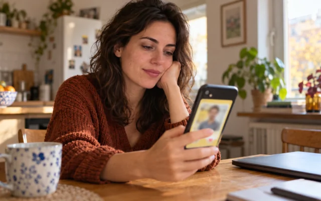 Une femme adulte consulte un téléphone à interface jaune floutée dans son appartement
