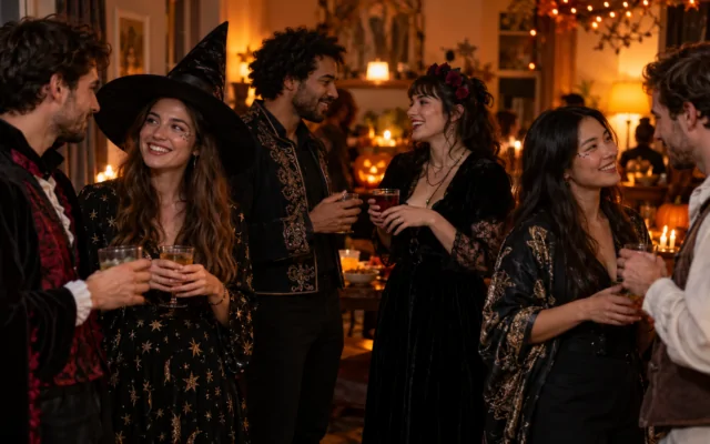 Six amis adultes en costumes sobres discutent dans une soirée d’Halloween fictive